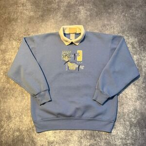 Vintage Granma Granny Blue Dragonfly Embroidered Collared Sweatshirt Women's M